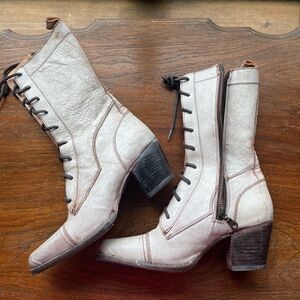 Size 9 women’s boots . Zip up &/or lace up. “Nectar” color. Distressed look.
